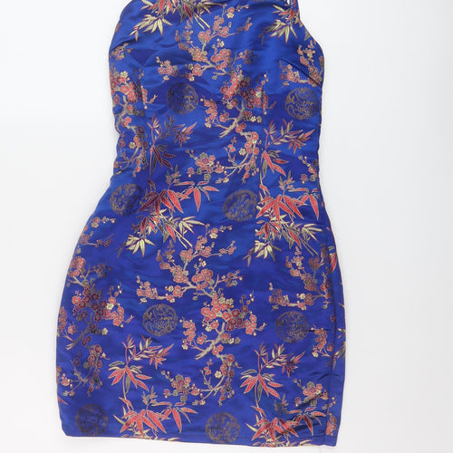 Zaful Womens Blue Floral Polyester Mini Size 10 Square Neck Zip