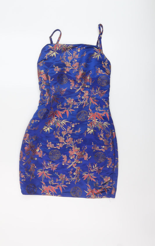 Zaful Womens Blue Floral Polyester Mini Size 10 Square Neck Zip