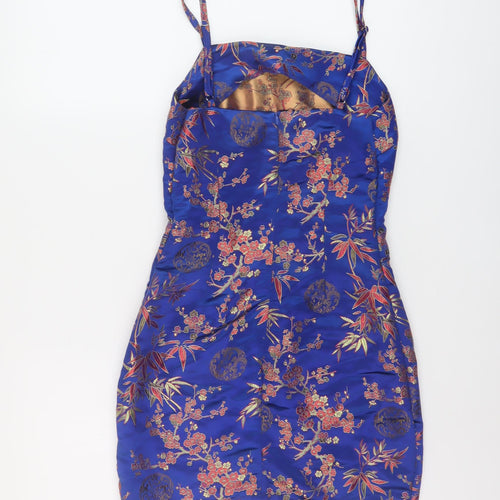 Zaful Womens Blue Floral Polyester Mini Size 10 Square Neck Zip