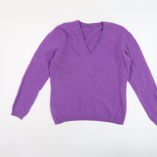 United Colors of Benetton Womens Purple V-Neck Wool Pullover Jumper Size L