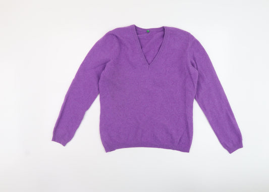 United Colors of Benetton Womens Purple V-Neck Wool Pullover Jumper Size L