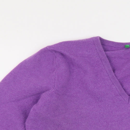 United Colors of Benetton Womens Purple V-Neck Wool Pullover Jumper Size L