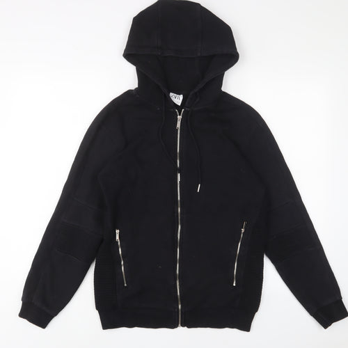 Zara Mens Black Cotton Full Zip Hoodie Size S - Zip Pockets