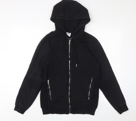 Zara Mens Black Cotton Full Zip Hoodie Size S - Zip Pockets