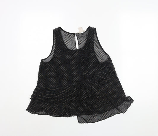 H&M Womens Black Polka Dot Polyamide Camisole Blouse Size 6 Scoop Neck - Semi Sheer Frill