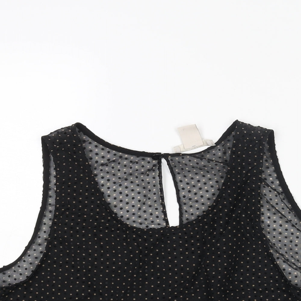 H&M Womens Black Polka Dot Polyamide Camisole Blouse Size 6 Scoop Neck - Semi Sheer Frill