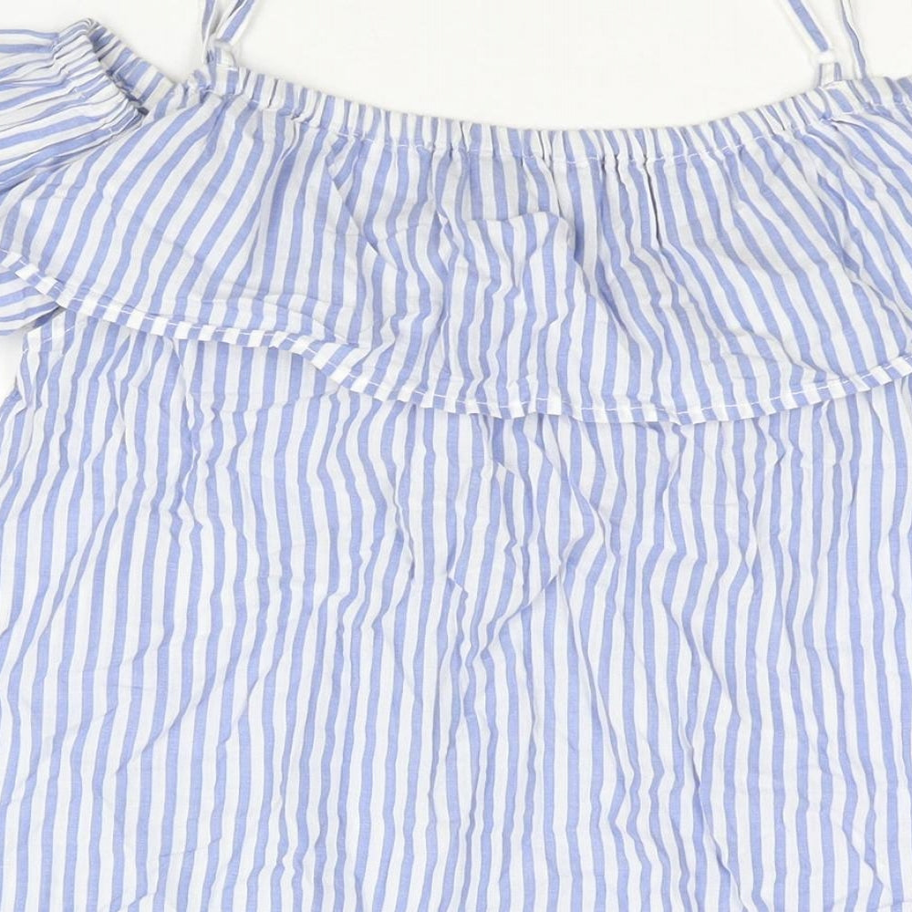 Springfield Womens Blue Striped Polyester Basic Blouse Size 12 Scoop Neck - Floral Embroidery Frill Cold Shoulder