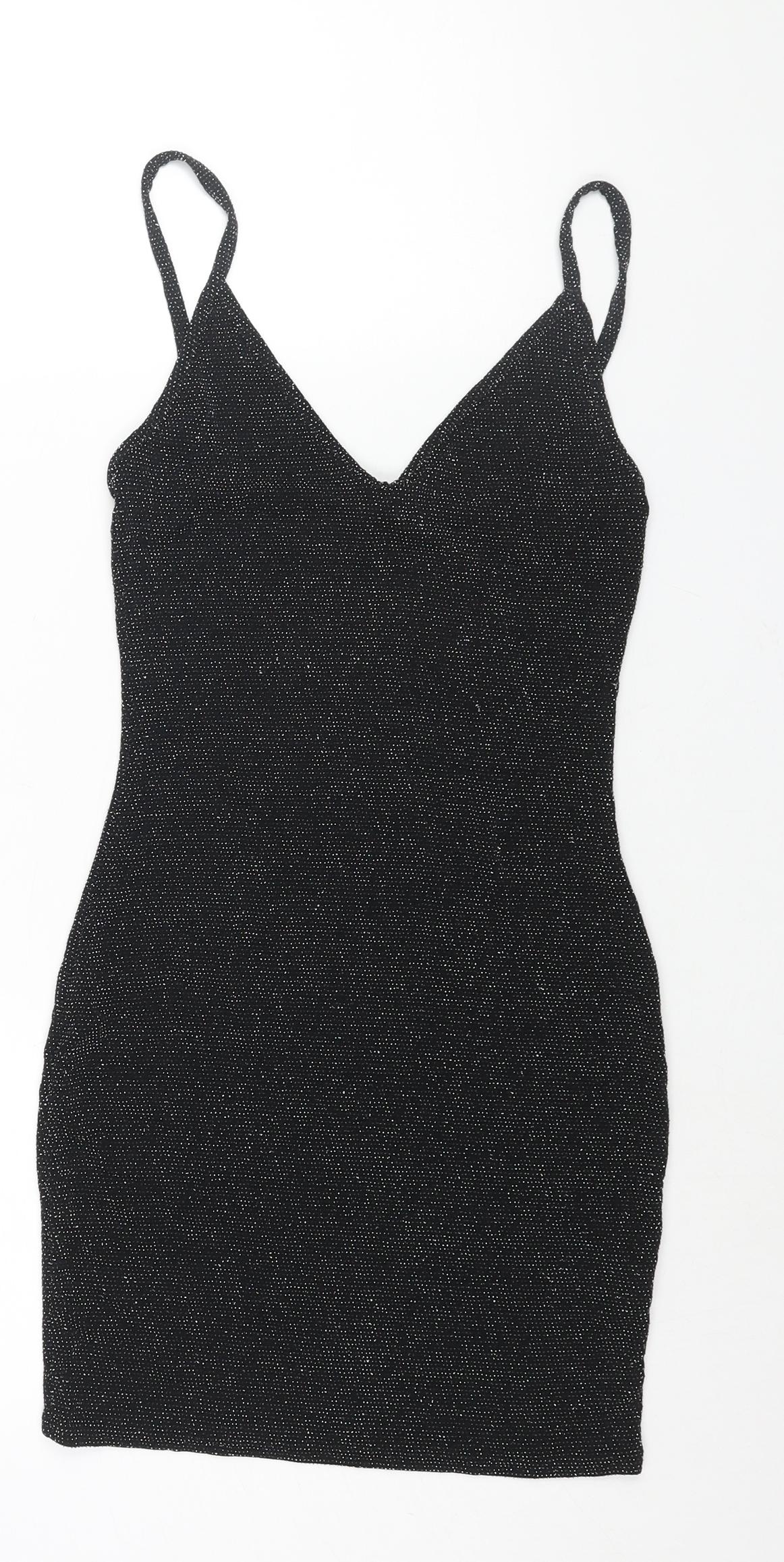 PRETTYLITTLETHING Womens Black Nylon Mini Size 10 V-Neck Pullover - Glitter