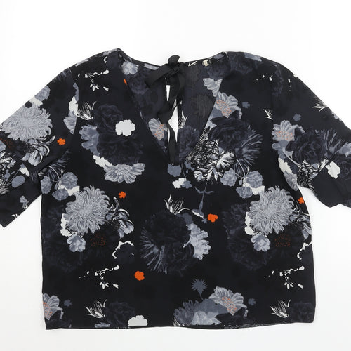 Topshop Womens Black Floral Polyester Basic Blouse Size 12 V-Neck - Frill