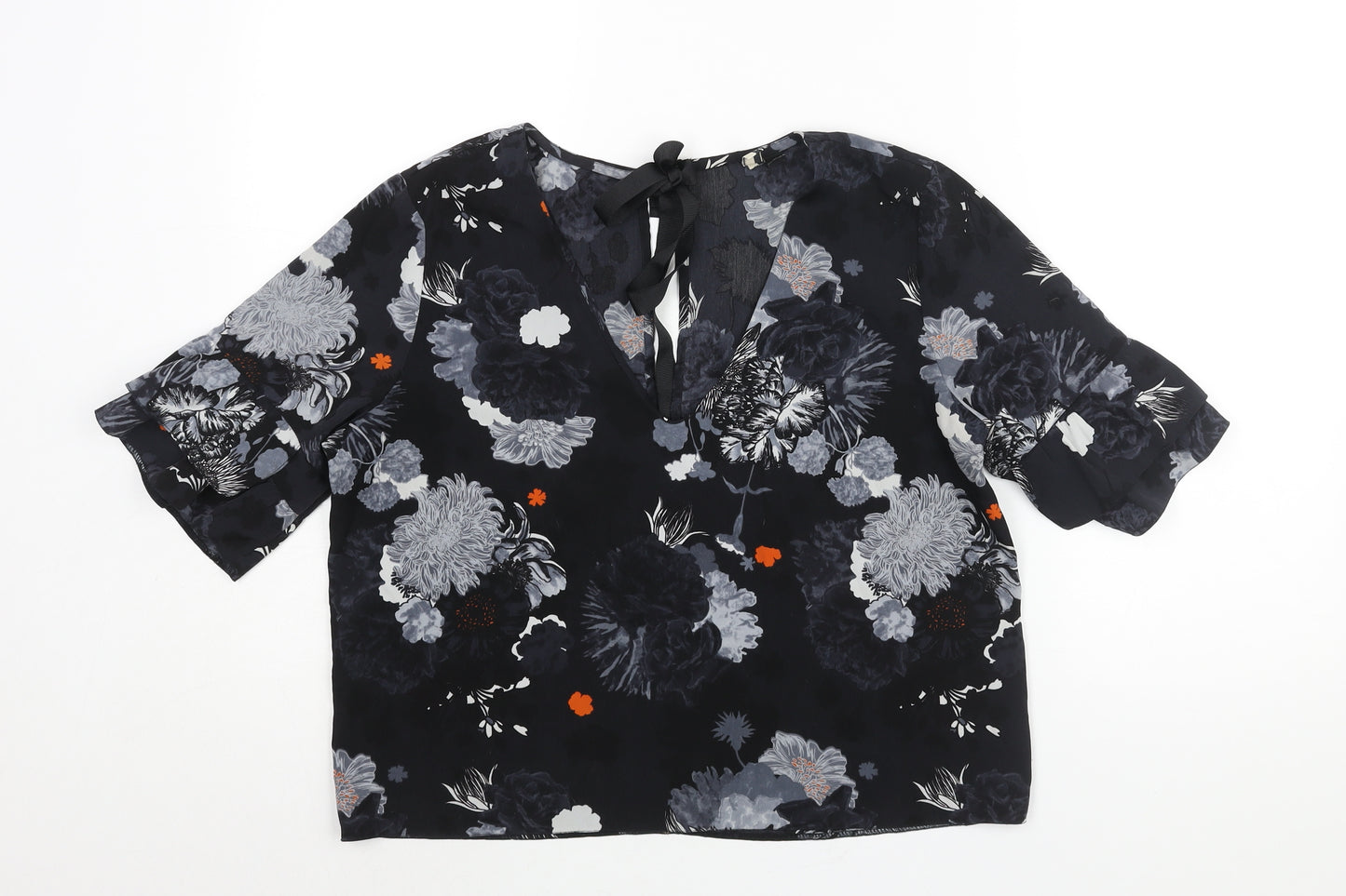 Topshop Womens Black Floral Polyester Basic Blouse Size 12 V-Neck - Frill