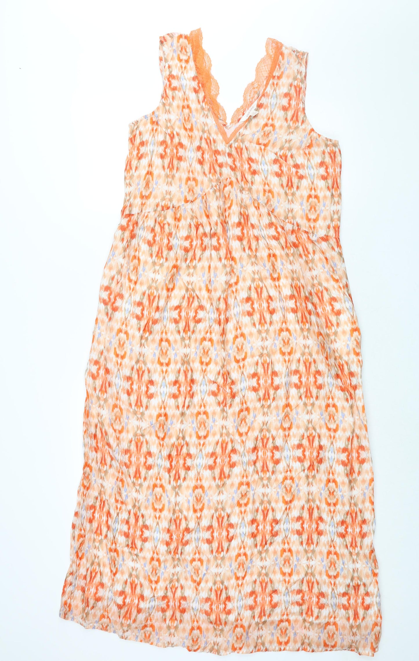 Per Una Womens Orange Geometric Modal Maxi Size 12 V-Neck Zip - Lace Trim