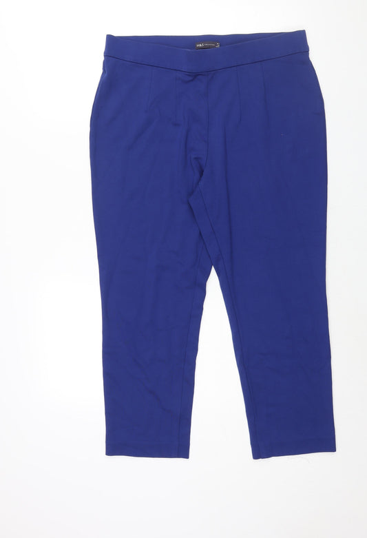 Marks and Spencer Womens Blue Viscose Cropped Trousers Size 16 L24 in Regular - Elasticated Waist