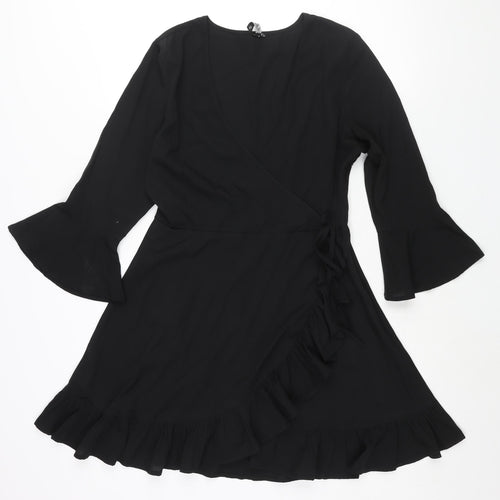 Influence Womens Black Polyester A-Line Size 12 V-Neck Zip - Wrap Style Frill Bow