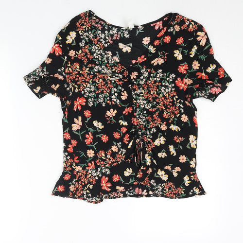 H&M Womens Multicoloured Floral Viscose Basic Blouse Size 10 V-Neck - Drawstring Detail