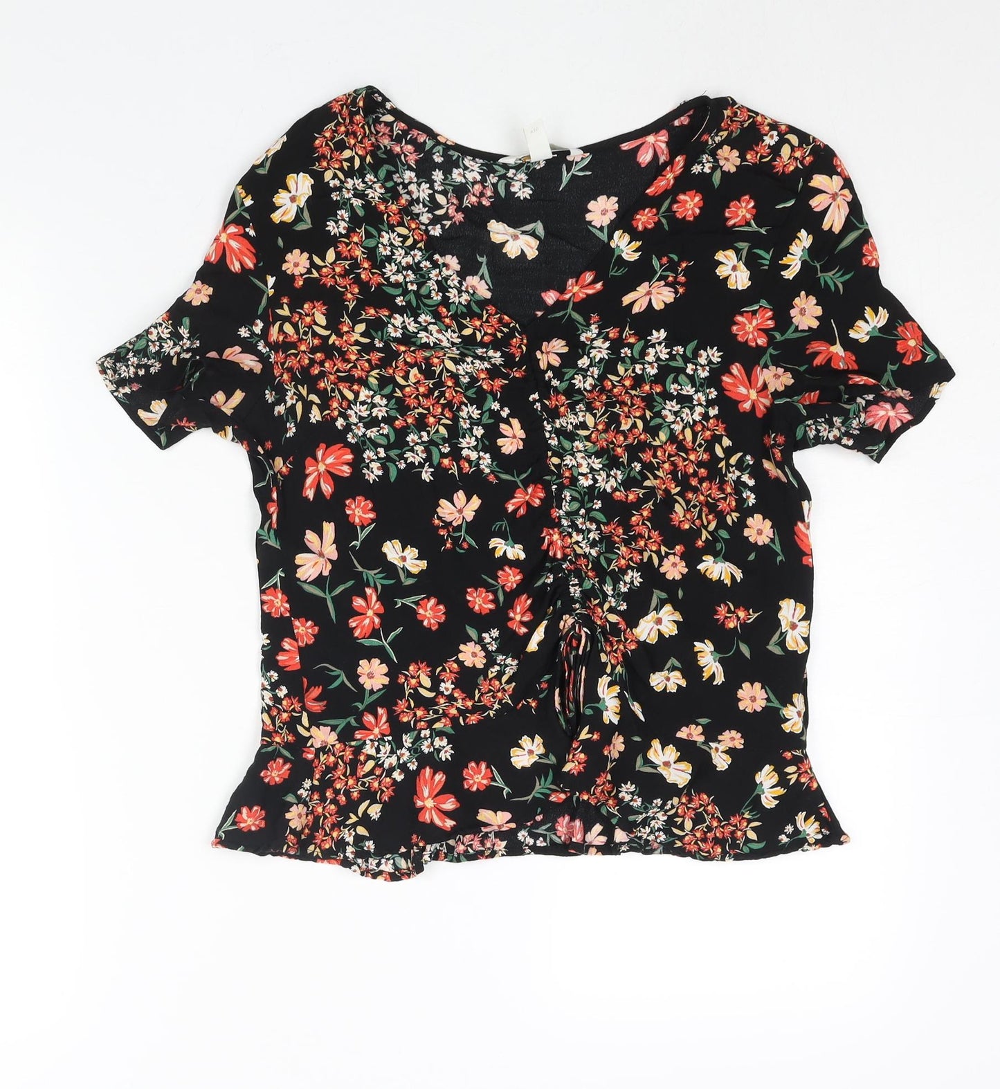 H&M Womens Multicoloured Floral Viscose Basic Blouse Size 10 V-Neck - Drawstring Detail