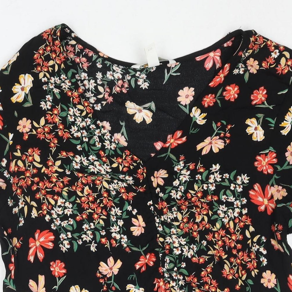 H&M Womens Multicoloured Floral Viscose Basic Blouse Size 10 V-Neck - Drawstring Detail