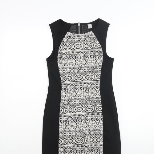 Divided by H&M Womens Black Polyester Bodycon Size 12 Round Neck Zip - Geometric Print