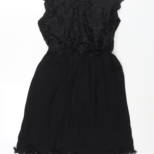 Boohoo Womens Black Polyester Fit & Flare Size 10 Round Neck Zip - Pleated Lace Bodice