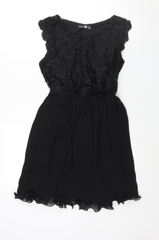 Boohoo Womens Black Polyester Fit & Flare Size 10 Round Neck Zip - Pleated Lace Bodice