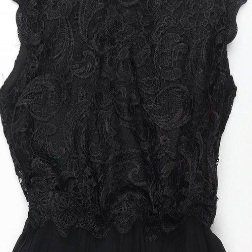 Boohoo Womens Black Polyester Fit & Flare Size 10 Round Neck Zip - Pleated Lace Bodice