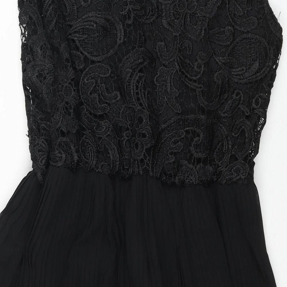 Boohoo Womens Black Polyester Fit & Flare Size 10 Round Neck Zip - Pleated Lace Bodice