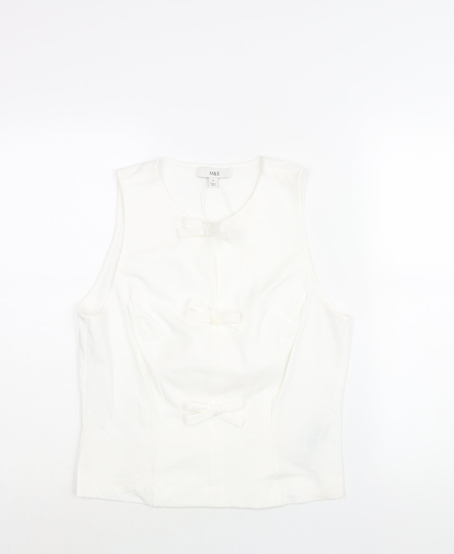 Marks and Spencer Womens White Polyester Camisole Blouse Size 12 Round Neck - Bow Detail