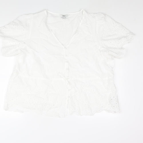 Marks and Spencer Womens White Cotton Basic Blouse Size 24 V-Neck - Peplum Drawstring Lace Detail