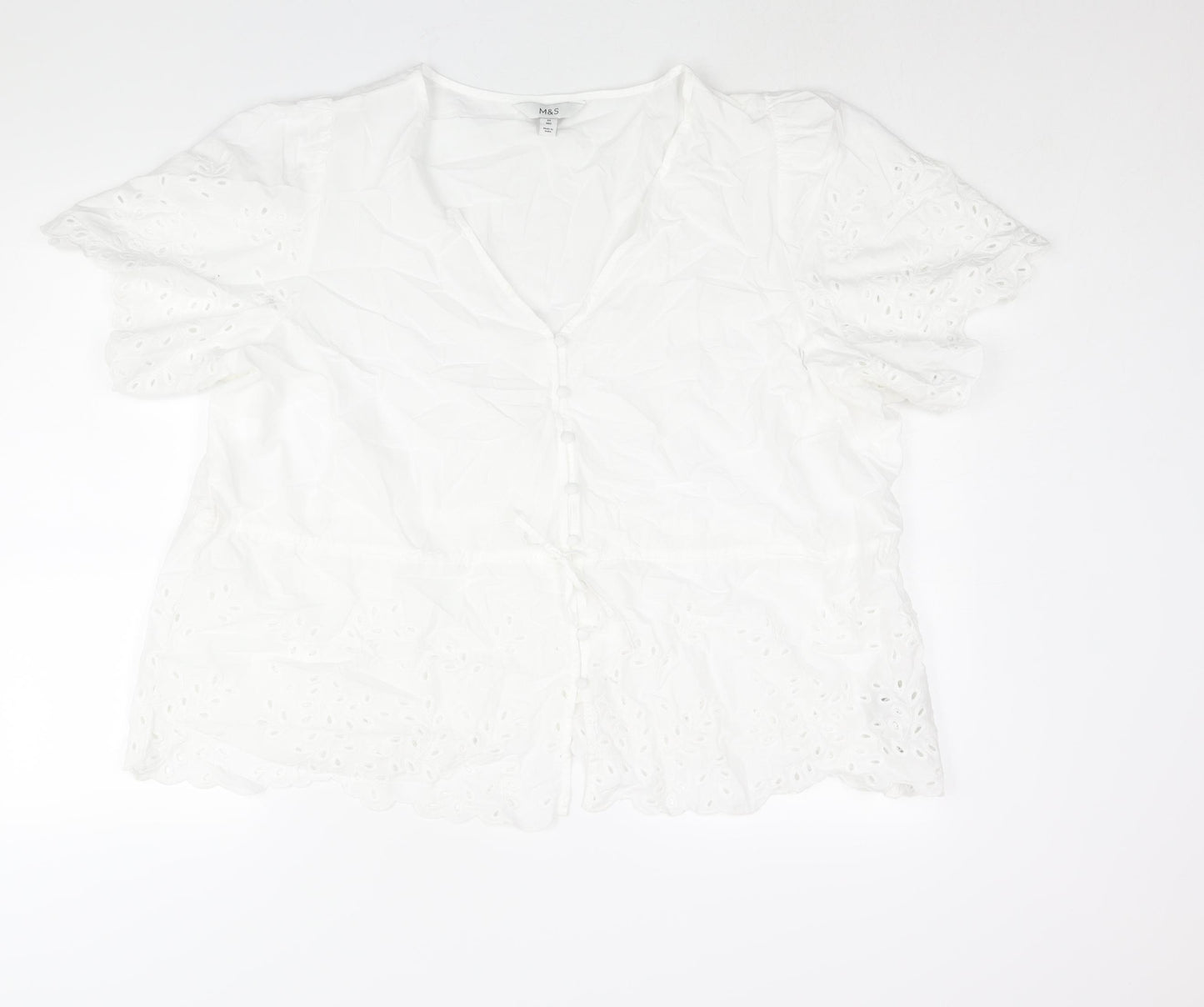 Marks and Spencer Womens White Cotton Basic Blouse Size 24 V-Neck - Peplum Drawstring Lace Detail