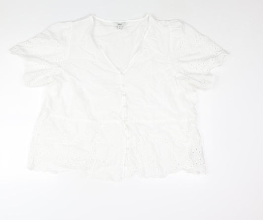 Marks and Spencer Womens White Cotton Basic Blouse Size 24 V-Neck - Peplum Drawstring Lace Detail