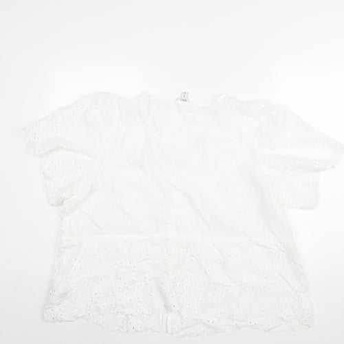 Marks and Spencer Womens White Cotton Basic Blouse Size 24 V-Neck - Peplum Drawstring Lace Detail