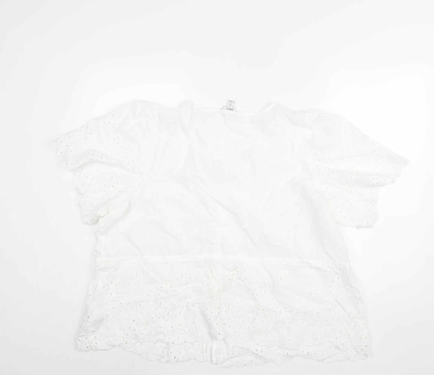 Marks and Spencer Womens White Cotton Basic Blouse Size 24 V-Neck - Peplum Drawstring Lace Detail