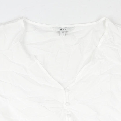 Marks and Spencer Womens White Cotton Basic Blouse Size 24 V-Neck - Peplum Drawstring Lace Detail