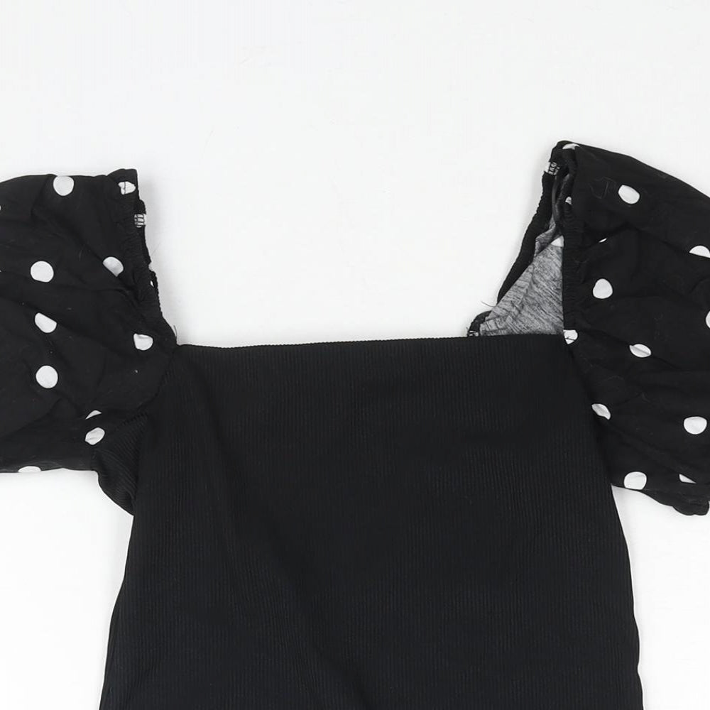 New Look Womens Black Polyester Basic Blouse Size 10 Square Neck - Polka Dot Sleeve