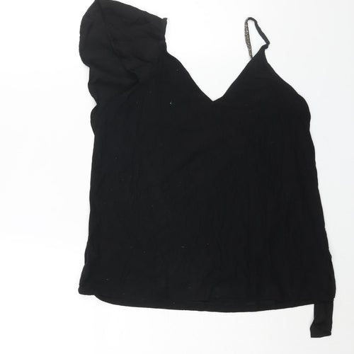 NEXT Womens Black Viscose Basic Blouse Size 10 V-Neck - Frill Asymmetric Glitter Strap