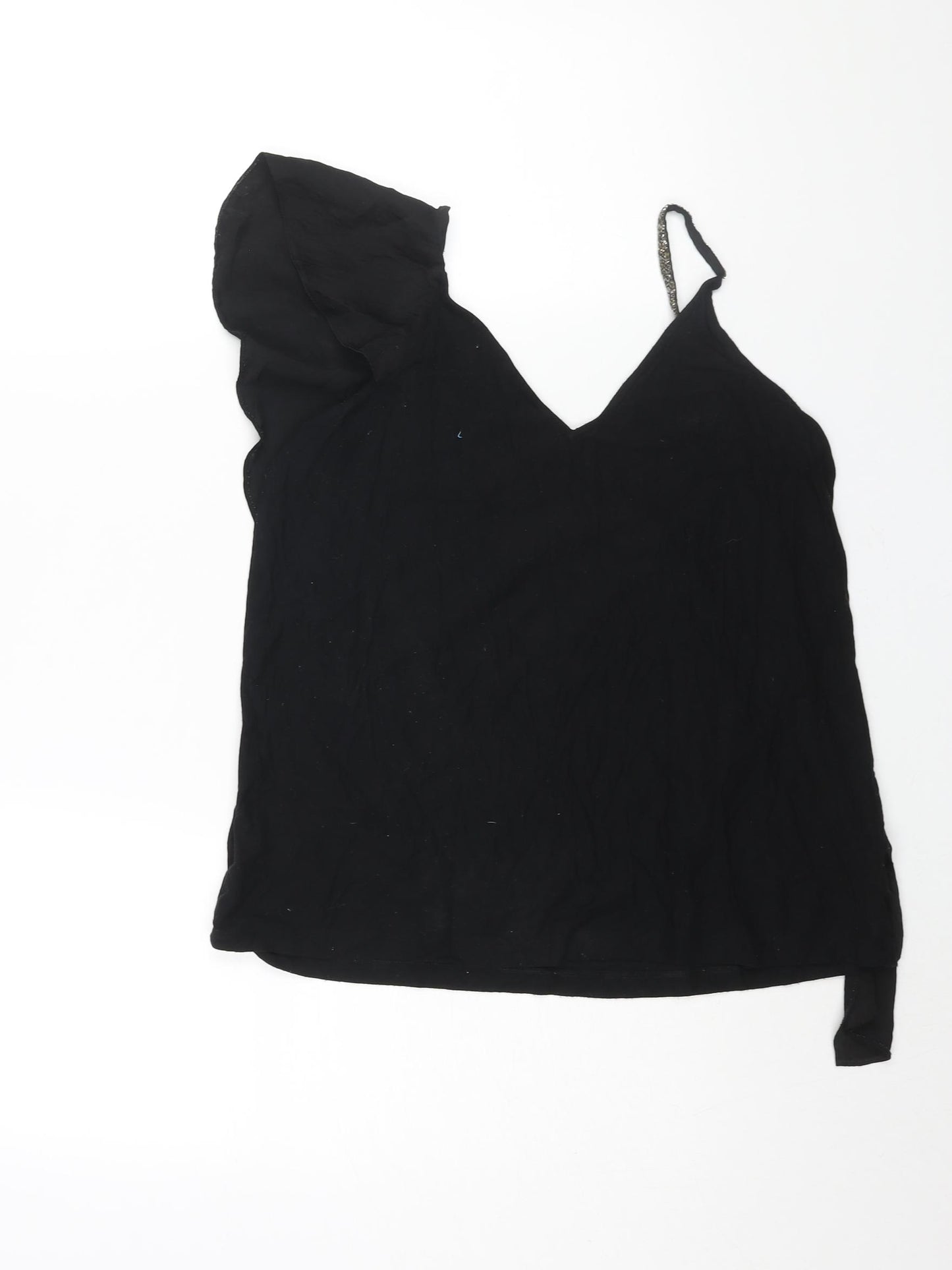 NEXT Womens Black Viscose Basic Blouse Size 10 V-Neck - Frill Asymmetric Glitter Strap