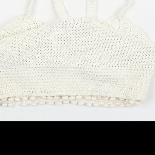 River Island Womens Ivory V-Neck Polyamide Vest Jumper Size 8 - Pom Pom Trim