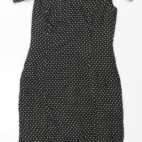 Great Plains London Womens Black Polka Dot Polyester Shift Size S Round Neck Zip - Rouched Sleeve