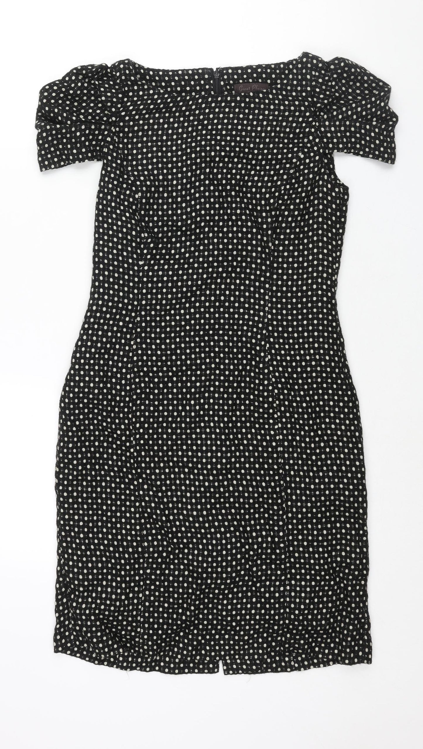 Great Plains London Womens Black Polka Dot Polyester Shift Size S Round Neck Zip - Rouched Sleeve