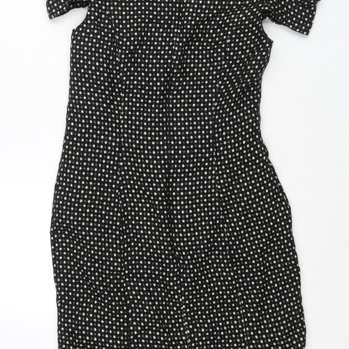 Great Plains London Womens Black Polka Dot Polyester Shift Size S Round Neck Zip - Rouched Sleeve