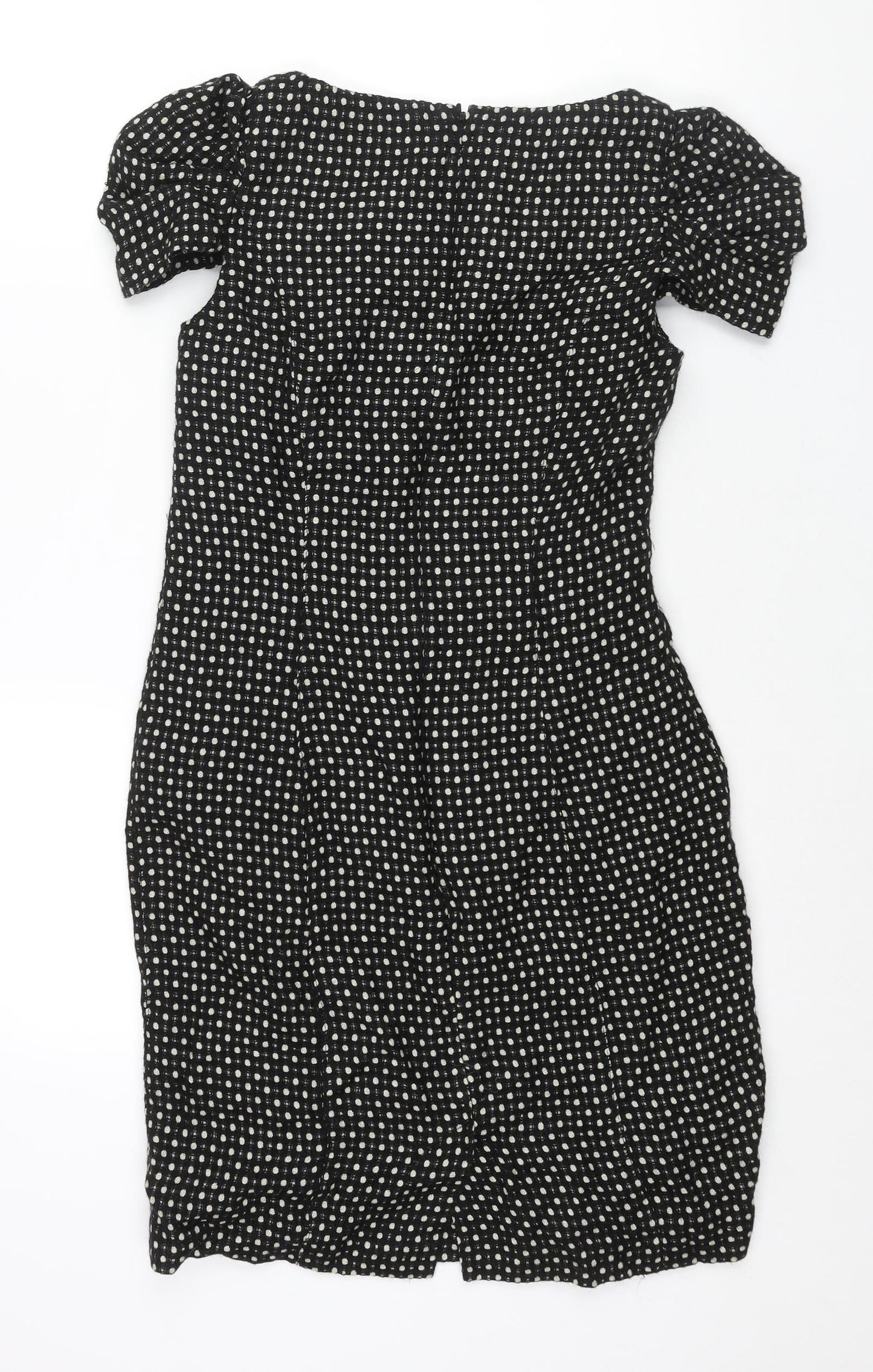 Great Plains London Womens Black Polka Dot Polyester Shift Size S Round Neck Zip - Rouched Sleeve