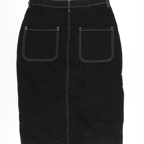 Bershaka Womens Black Cotton A-Line Skirt Size 10 Button - Raw Hem