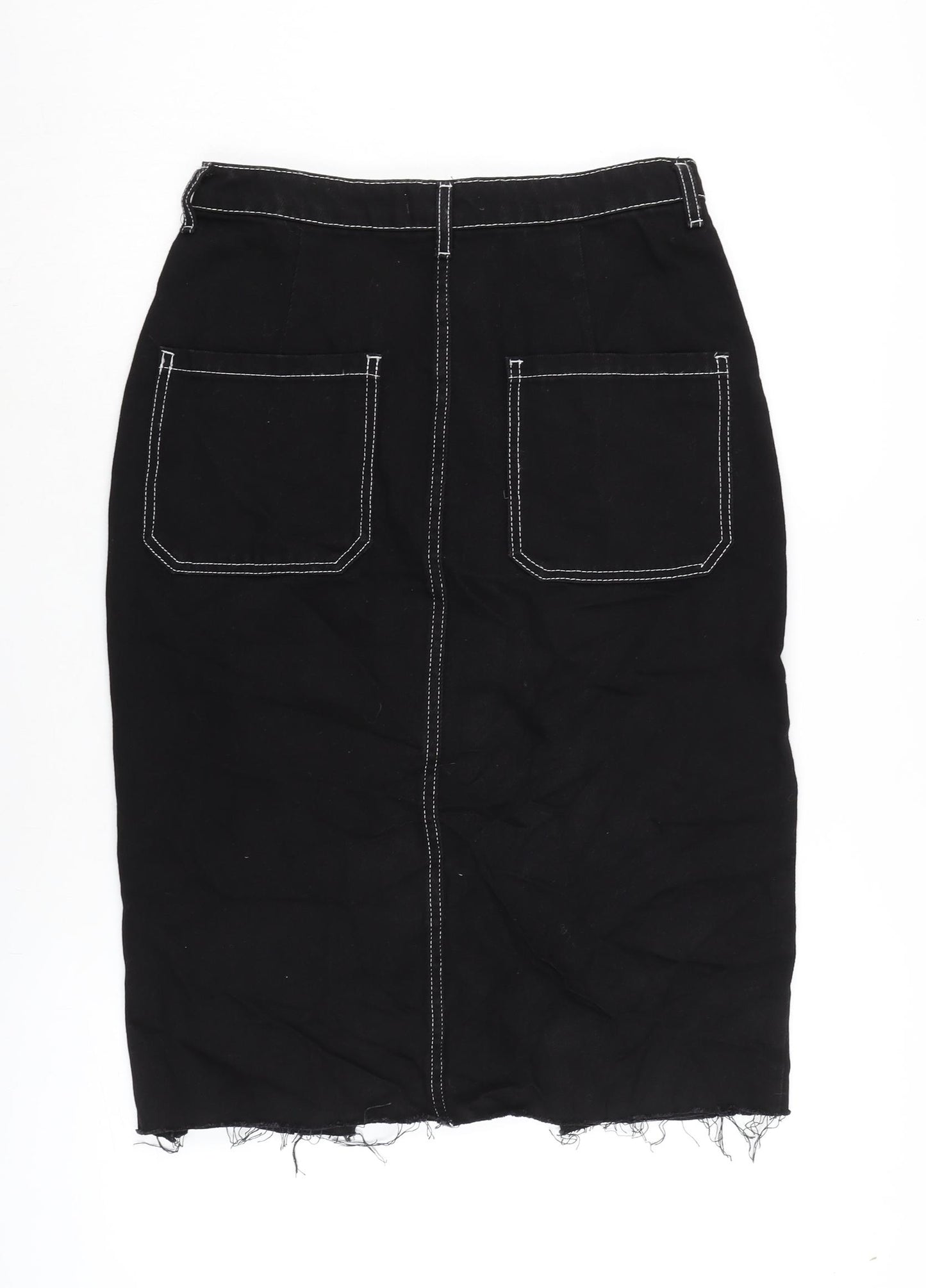 Bershaka Womens Black Cotton A-Line Skirt Size 10 Button - Raw Hem