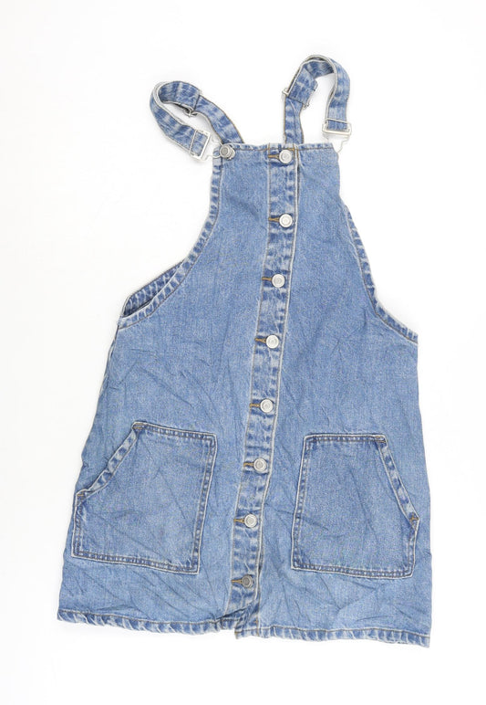 Denim & Co. Womens Blue Cotton Pinafore/Dungaree Dress Size 8 Square Neck Snap