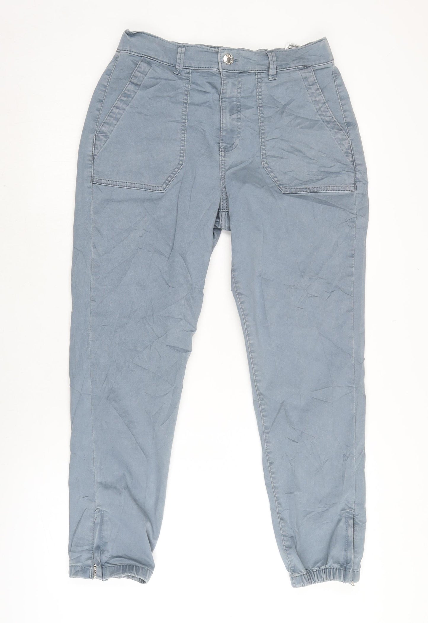 Marks and Spencer Womens Blue Cotton Trousers Size 12 L26 in Regular Zip - Zipped ankle.