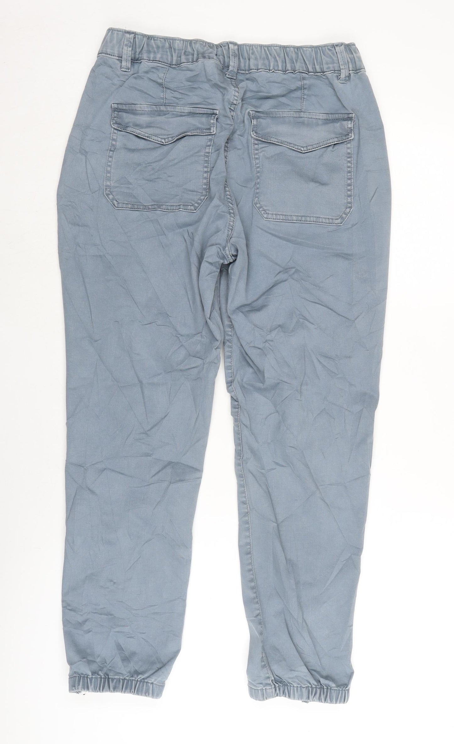 Marks and Spencer Womens Blue Cotton Trousers Size 12 L26 in Regular Zip - Zipped ankle.