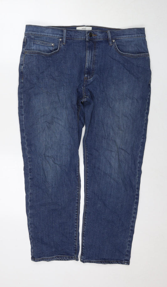 Marks and Spencer Mens Blue Cotton Straight Jeans Size 36 in L29 in Regular Zip