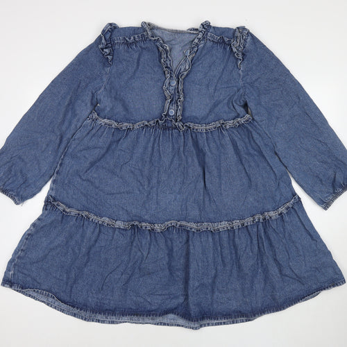 Topshop Womens Blue Cotton Trapeze & Swing Size 10 Round Neck Button