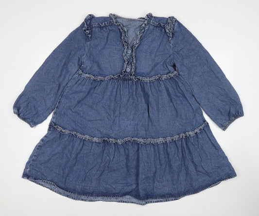 Topshop Womens Blue Cotton Trapeze & Swing Size 10 Round Neck Button