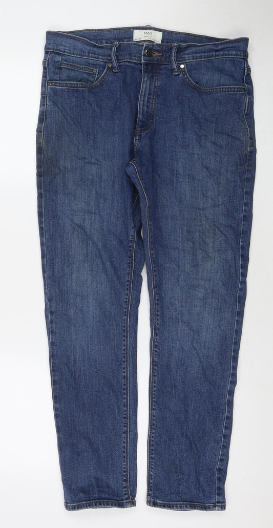 Marks and Spencer Mens Blue Cotton Straight Jeans Size 32 in L29 in Regular Zip