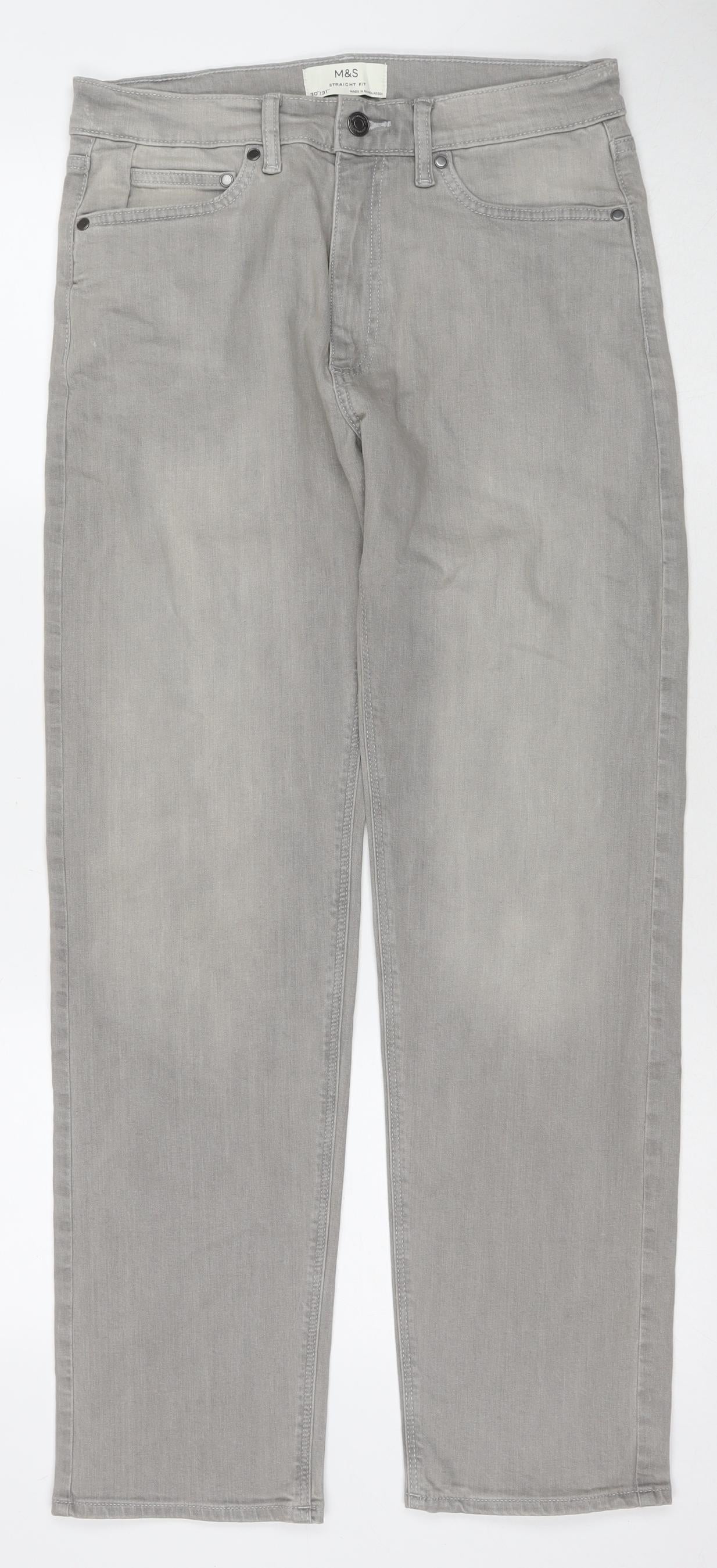 Marks and Spencer Mens Grey Cotton Straight Jeans Size 30 in L31 in Regular Zip